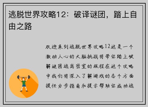 逃脱世界攻略12：破译谜团，踏上自由之路
